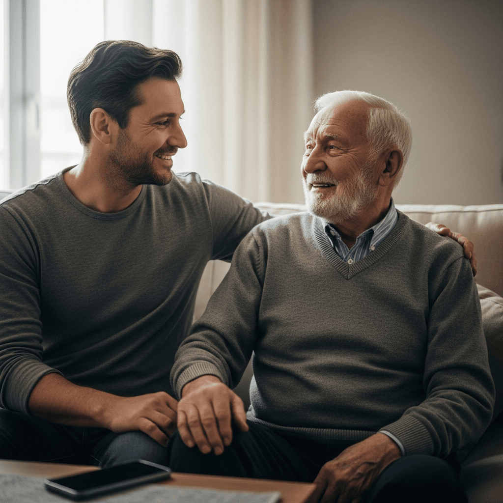 Adult son smiling with his older father during a supportive visit