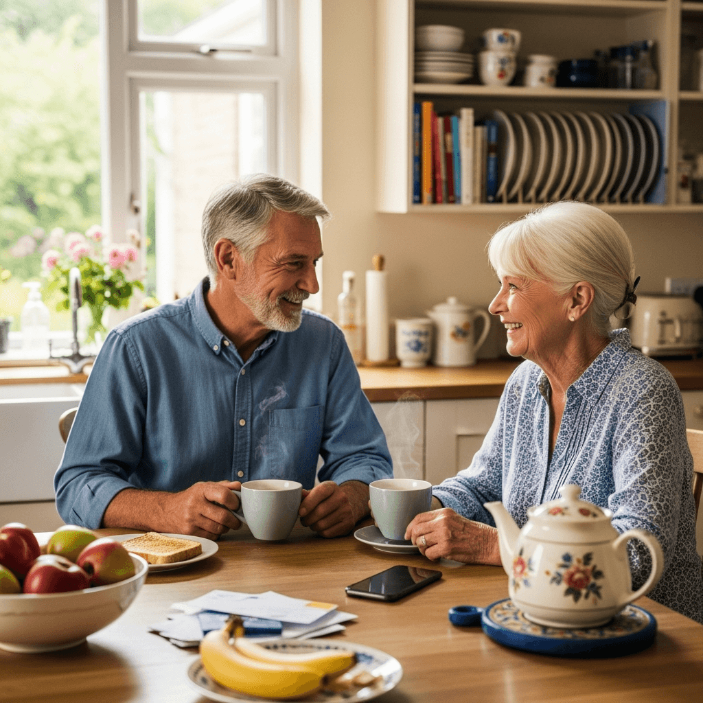 Older couple smiling together in a bright kitchen