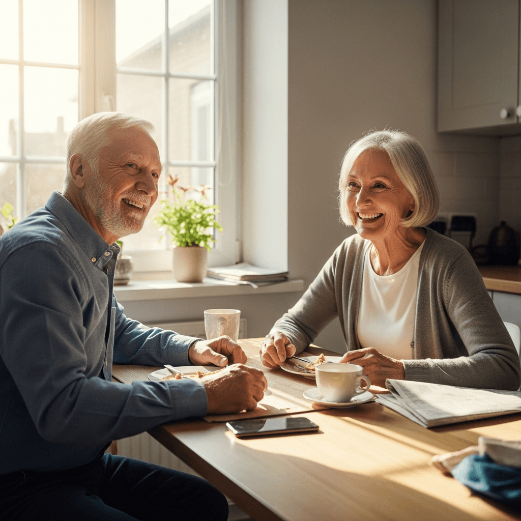 Smiling older couple enjoying a bright morning together