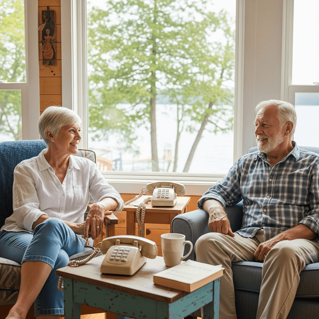 Smiling older adults talking together at a cottage table