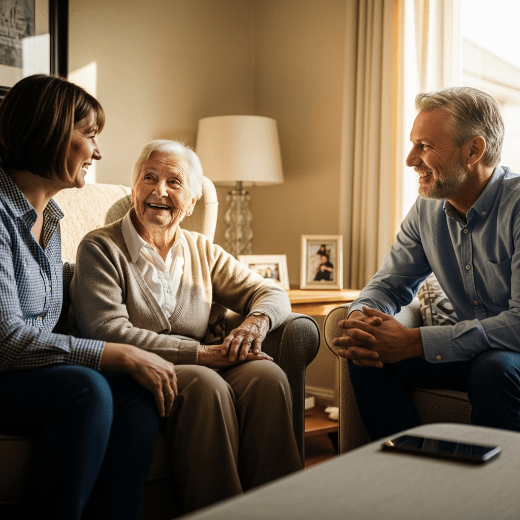 Older parent smiling with two adult children in a bright living room