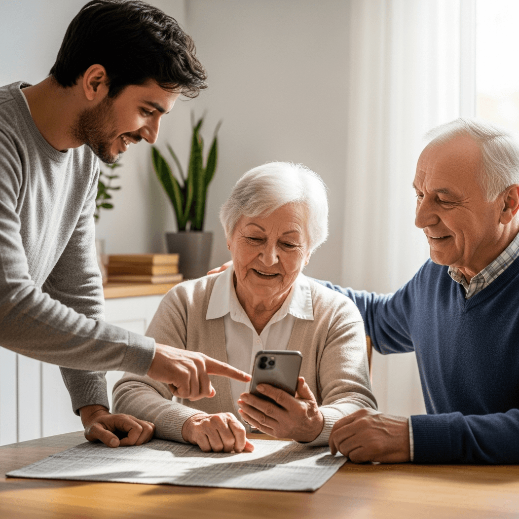 Smiling older adults welcoming a helper into a bright home