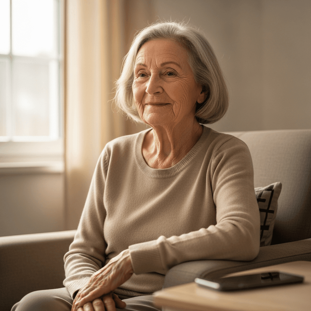 Smiling older woman seated comfortably at home